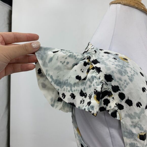 Moda International Silk Blouse Women S Grey Leopard Plunge V Neck Flutter Sleeve - Picture 5 of 14